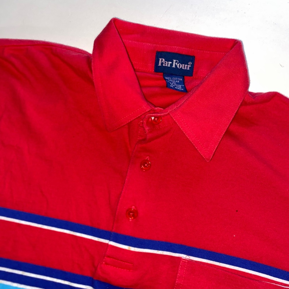Par Four Mens Red Striped Short Sleeve Cotton Polo Shirt Size M Vintage Pocket